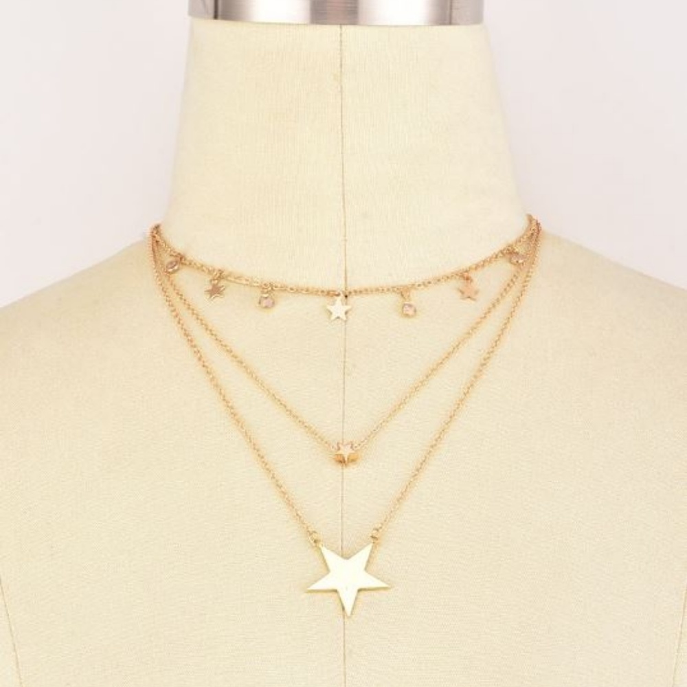 Boho 3 Layer Moon and Stars Necklace - Picture 2 of 8